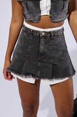 GET IT RIGHT DISTRESSED DENIM PLEATED MINI SKIRT