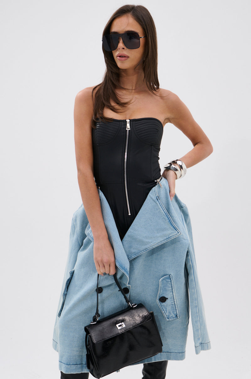 BUSINESS IN THE FRONT DENIM BLAZER MIDI DRESS