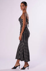 NANCY SATIN POLKA DOT MIDI DRESS