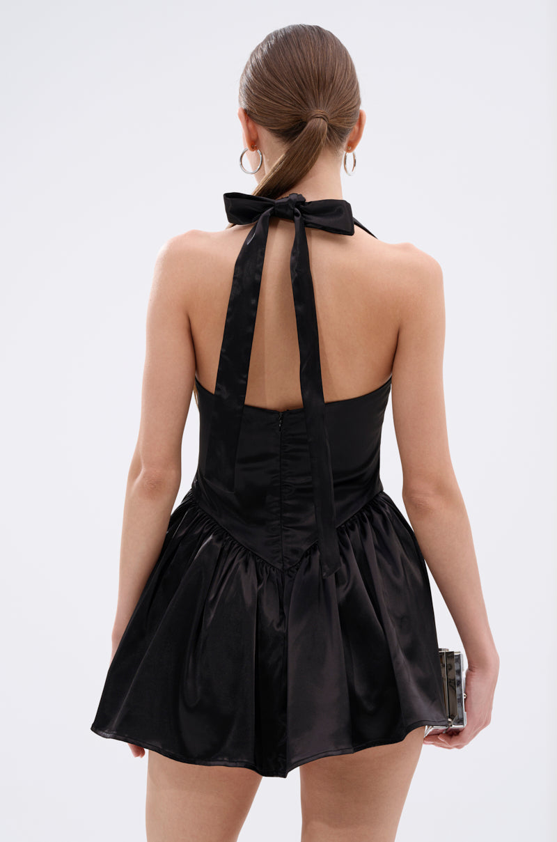 LIKE DAYLIGHT SATIN MINI DRESS IN BLACK