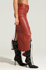 BITE ME ASYMMETRICAL FAUX LEATHER MIDI SKIRT IN BROWN