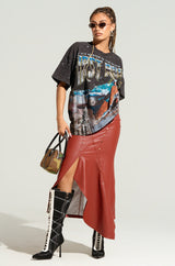 BITE ME ASYMMETRICAL FAUX LEATHER MIDI SKIRT IN BROWN
