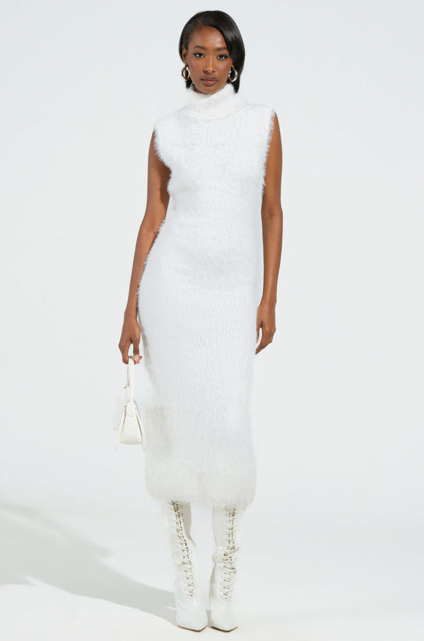 KYLIE FUZZY MIDI DRESS IN WHITE