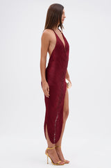 SOFIA FRINGE HIGH SLIT MIDI DRESS IN BURGUNDY