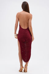 SOFIA FRINGE HIGH SLIT MIDI DRESS IN BURGUNDY