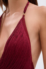 SOFIA FRINGE HIGH SLIT MIDI DRESS IN BURGUNDY