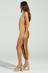 SOFIA FRINGE HIGH SLIT MIDI DRESS IN GOLD