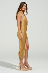 SOFIA FRINGE HIGH SLIT MIDI DRESS IN GOLD
