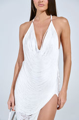 GIANINA FRINGED COWL NECK MAXI DRESS IN WHITE