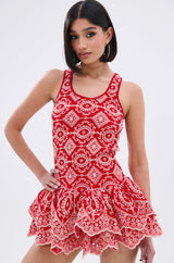 JANINE PRINTED RUFFLE MINI DRESS IN RED