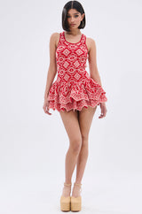 JANINE PRINTED RUFFLE MINI DRESS IN RED