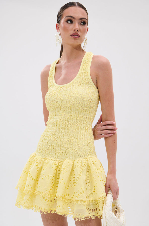 LET'S GO TO THE BEACH RUFFLE MINI DRESS IN YELLOW