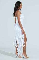 CITY LIGHTS RUFFLE MIDI DRESS IN WHITE
