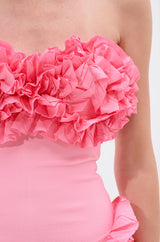 CITY LIGHTS RUFFLE MIDI DRESS IN LIGHT PINK