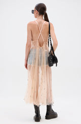 DO YOU BELIEVE IN LOVE RHINESTONE MESH MIDI DRESS