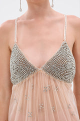DO YOU BELIEVE IN LOVE RHINESTONE MESH MIDI DRESS