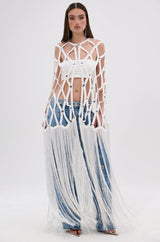 WHITE ZELINA FRINGE EMBELLISHED LONG CARDIGAN
