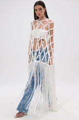 WHITE ZELINA FRINGE EMBELLISHED LONG CARDIGAN