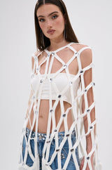 WHITE ZELINA FRINGE EMBELLISHED LONG CARDIGAN