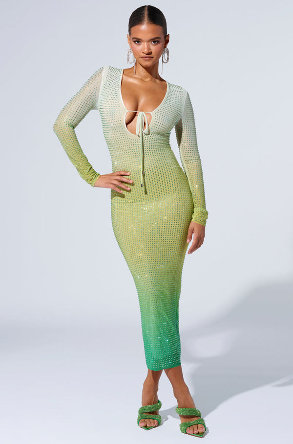GREEN WITH ENVY RHINESTONE MAXI DRESS