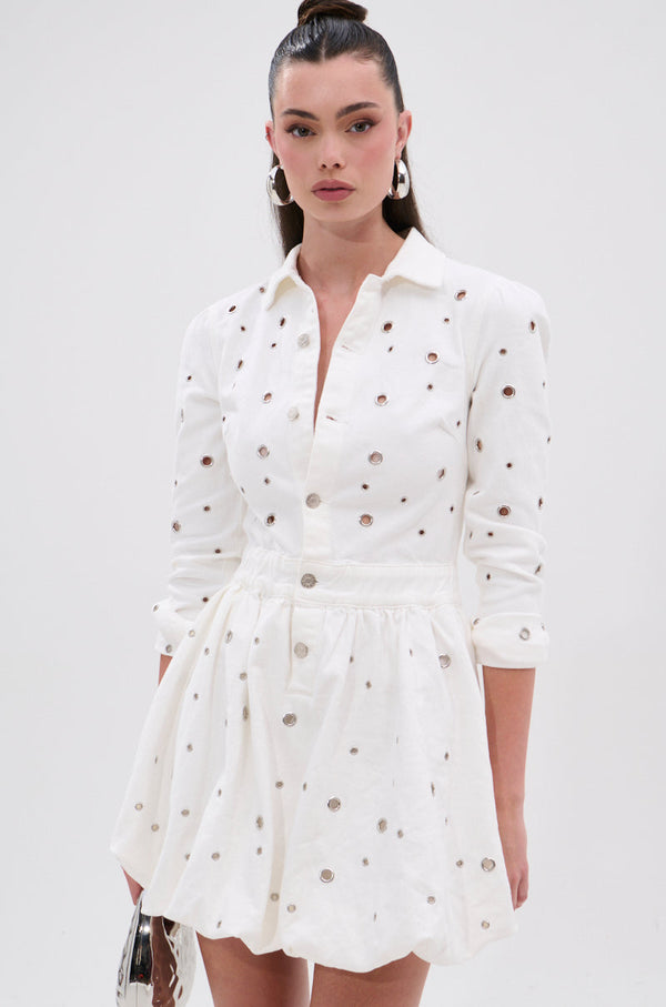 CUT IT OUT DENIM MINI DRESS WITH GROMMETS