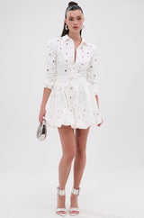 CUT IT OUT DENIM MINI DRESS WITH GROMMETS