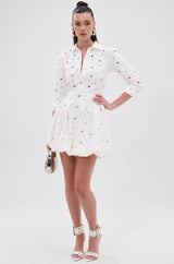 CUT IT OUT DENIM MINI DRESS WITH GROMMETS