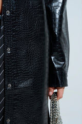 BLACK LONG SLEEVE CROC BUTTON DOWN SHIRT IN PU