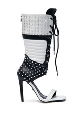 AZALEA WANG ALBERTO BLACK WHITE STUDDED OPEN TOE BOOT