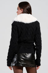BABBS KNIT FUR TRIM CARDIGAN WITH SELF TIE BELT