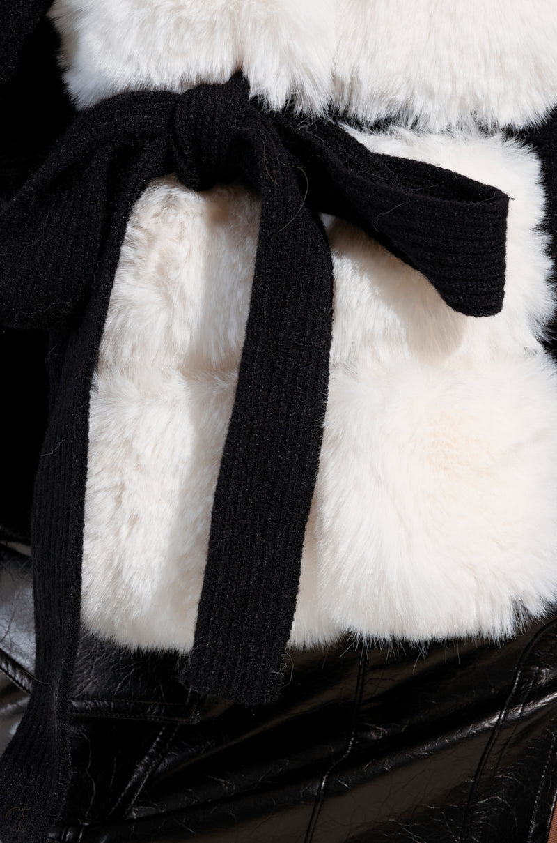 BABBS KNIT FUR TRIM CARDIGAN WITH SELF TIE BELT