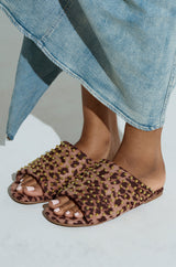 AKIRA BAGGER STUDDED SLIP ON SANDAL IN LEOPARD