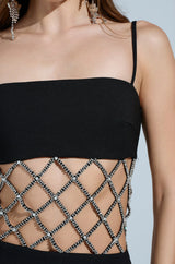 TAKE IT BLACK MIDI DRESS WITH RHINESTONE CUTOUT