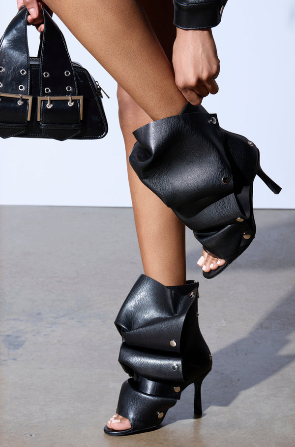 AZALEA WANG BIRD SONG BLACK SNAP DETAIL OPEN TOE BOOTIE