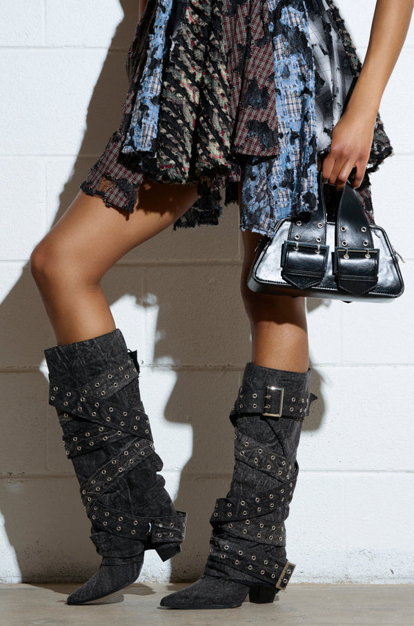 CENSORED BLACK DENIM BELTED CHUNKY BOOT