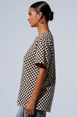 RHINESTONE SMILEY FACE OVERSIZED CHECKERED TSHIRT