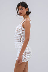 SHINE BRIGHT CROCHET SEQUIN MINI DRESS IN WHITE