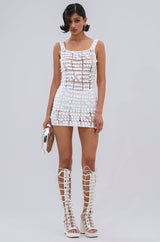 SHINE BRIGHT CROCHET SEQUIN MINI DRESS IN WHITE