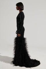 YOURS TRULY FEATHER SEQUIN EMBELLISHED MAXI DRESS