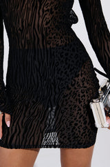 MY GOOD SIDE LEOPARD MESH MINI DRESS IN BLACK