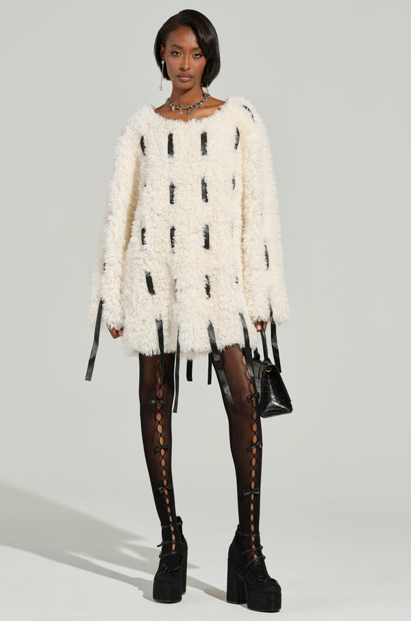 SULLY WOVEN RIBBON FAUX FUR MINI DRESS