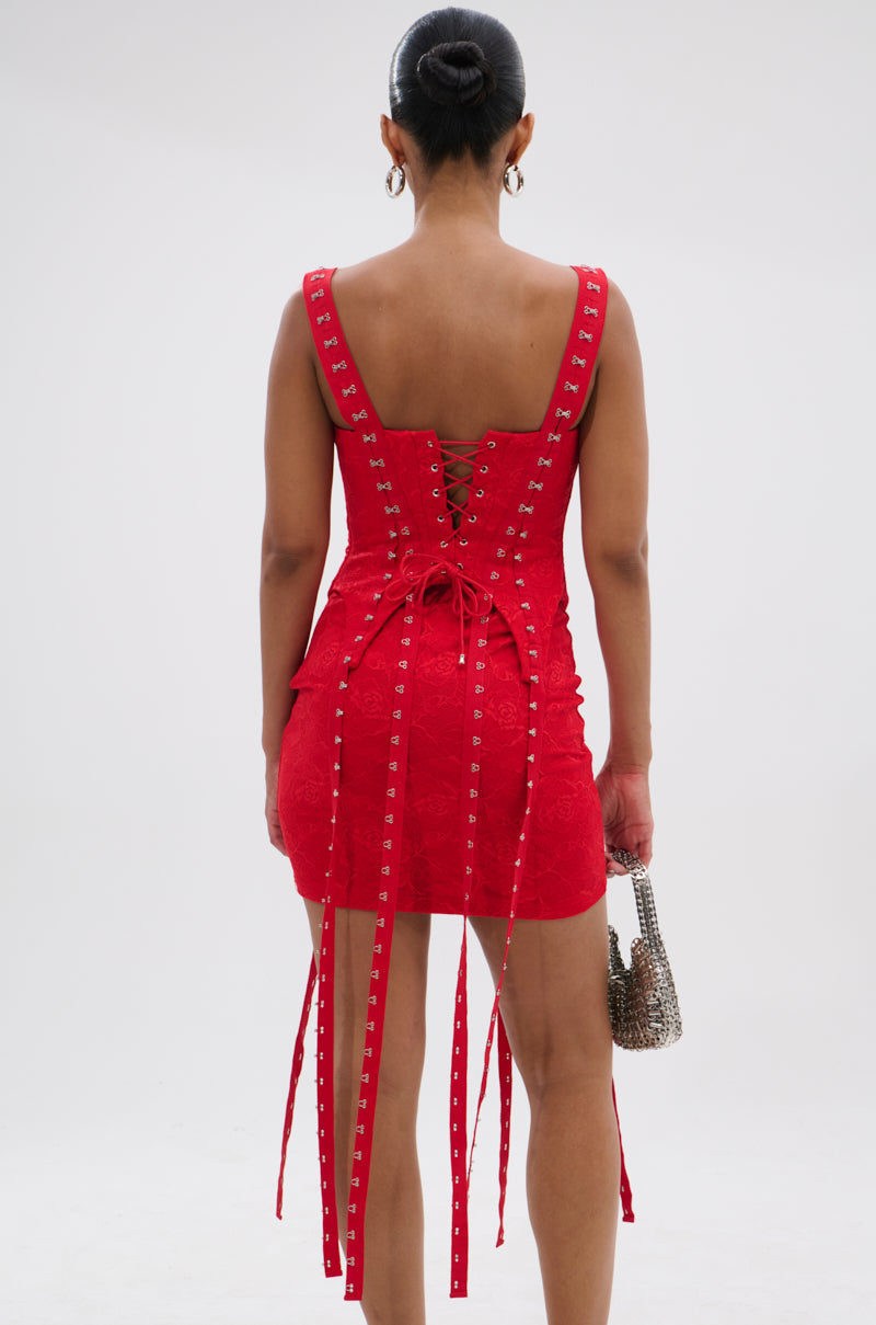 I KNOW YOU MISS ME CORSETED LACE MINI DRESS IN RED