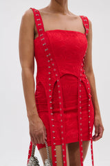 I KNOW YOU MISS ME CORSETED LACE MINI DRESS IN RED