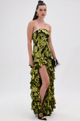 STOLE THE SHOW SATIN RUFFLE MAXI DRESS