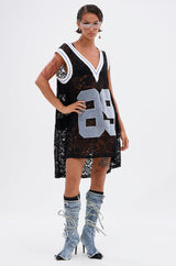 ON THE SIDELINES LACE JERSEY MINI DRESS WITH DENIM