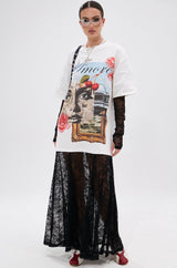 GIRLY BUT NOT LAYERED LACE MIDI DRESS WITH GRAPHIC