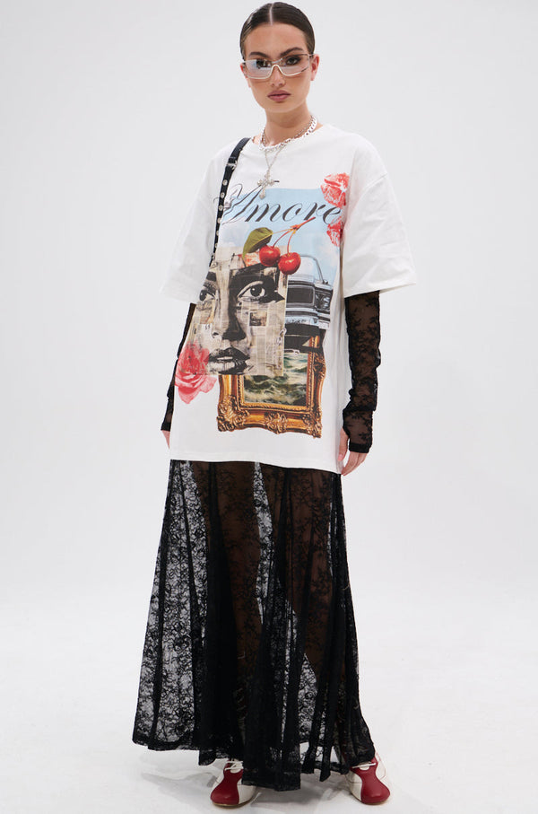 GIRLY BUT NOT LAYERED LACE MIDI DRESS WITH GRAPHIC