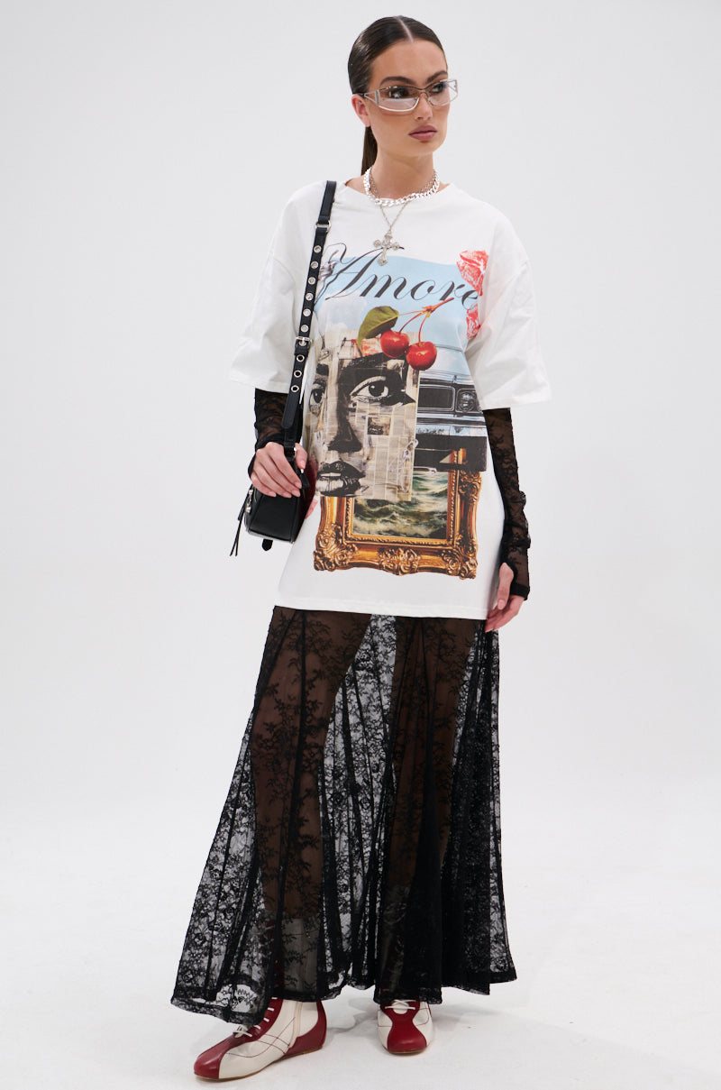 GIRLY BUT NOT LAYERED LACE MIDI DRESS WITH GRAPHIC
