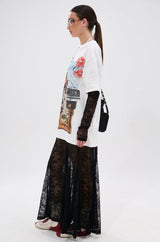 GIRLY BUT NOT LAYERED LACE MIDI DRESS WITH GRAPHIC
