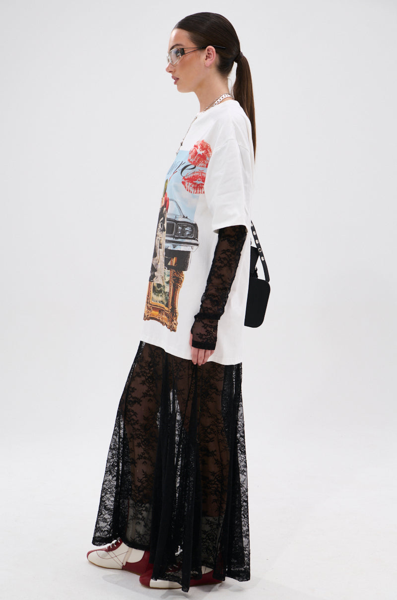 GIRLY BUT NOT LAYERED LACE MIDI DRESS WITH GRAPHIC